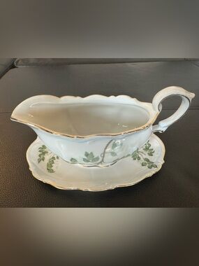 Vintage German Fine China Gravy Boat -Mitterteich Bavaria Green Leaves Gold Trim